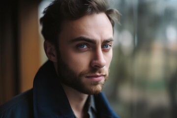 Portrait of a handsome young man in a blue coat. Men's beauty, fashion.