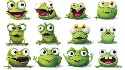 Obraz premium Series of cartoon frogs with surprised and funny faces covering their mouth and looking puzzled