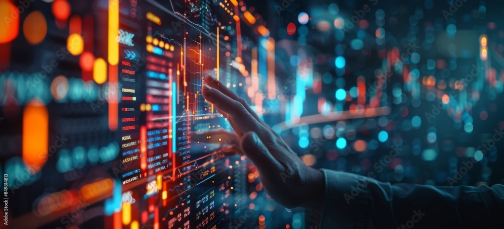 Poster business professional interacting with futuristic digital interface displaying data and charts