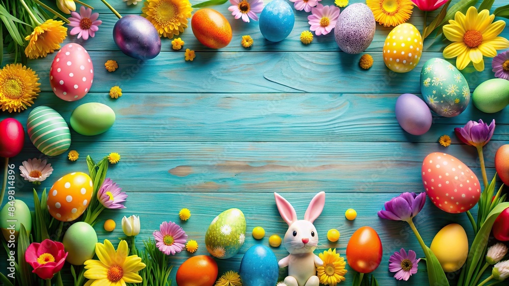 Wall mural Colorful Happy Easter background with eggs, flowers, and bunnies, Easter, celebration, spring, pastel, holiday, colorful - Wall murals