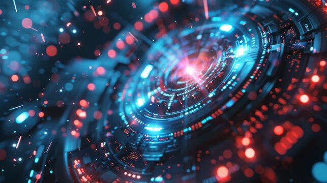 A swirling blue and red digital vortex implies modern technology, connectivity, and the flow of information - Powered by Adobe