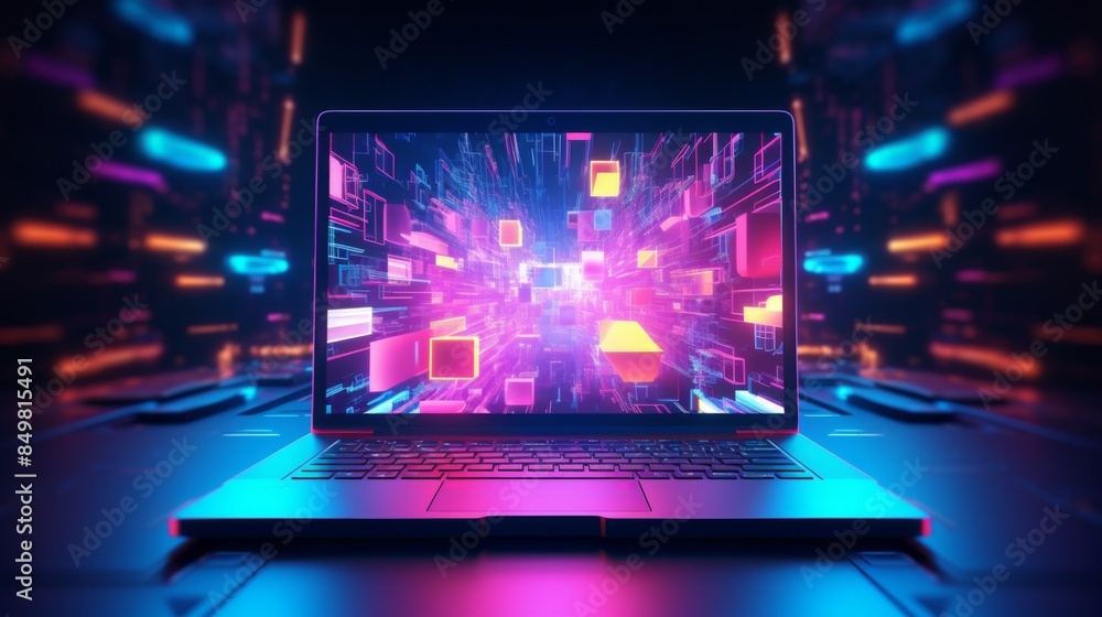 Fototapete a laptop displays a captivating 3d digital tunnel effect with bright colors suggestive of high-speed