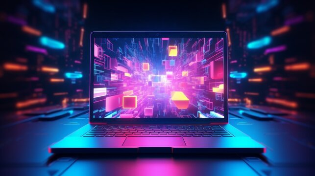 A laptop displays a captivating 3D digital tunnel effect with bright colors suggestive of high-speed data travel