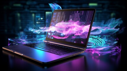 A laptop displays a holographic neon visualization of a car with digital code in the background