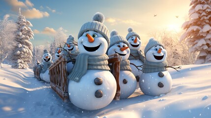Obraz premium Group of snowmen and snowwomen enjoying a leisurely sleigh ride through a picturesque snowy countryside, laughter filling the air. 3d render cartoons character, full body, Isolate on white