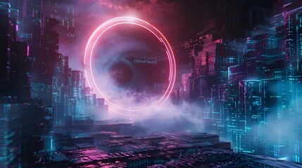 Fototapeta premium Glitch circle. Distorted glowing circle cyberpunk style. Futuristic round shape with TV interference effect. Design for promo music events, games, web, banners, backgrounds. 