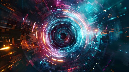 Glitch circle. Distorted glowing circle cyberpunk style. Futuristic round shape with TV interference effect. Design for promo music events, games, web, banners, backgrounds. 