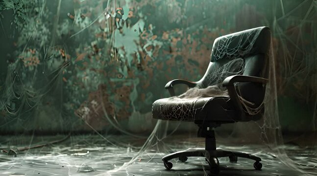 Labor shortage concept illustrated by an office chair marked as vacant and covered in spider webs, symbolizing the lack of skilled staff available