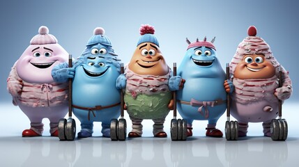 Obraz premium Group of snowmen and snowwomen engaged in a spirited game of ice hockey, gliding across the frozen pond with skill and finesse. 3d render cartoons character, full body, Isolate on white background,