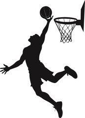 Black silhouette of a basketball player jumping block ball into the hoop
