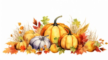 A colorful and vivid watercolor illustration of pumpkins and autumn leaves, perfect for seasonal themes