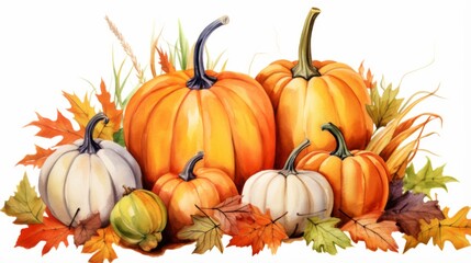 Naklejka premium A collection of colorful pumpkins surrounded by autumn leaves in a watercolor illustration