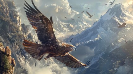 A powerful eagle soars with outstretched wings above snowy mountain peaks and rocky cliffs