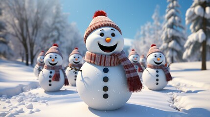 Snowman and friends engaging in a spirited snowball toss competition, laughter echoing across the winter landscape. 3d render cartoons character, full body, Isolate on white background, Center image,