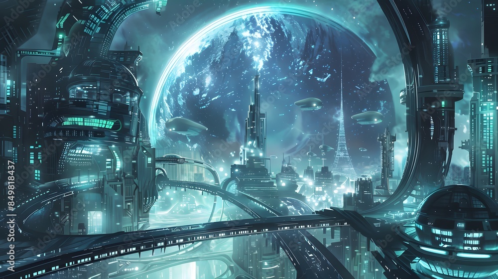 Poster a digital illustration of a space colony with advanced technology and infrastructure, generative ai