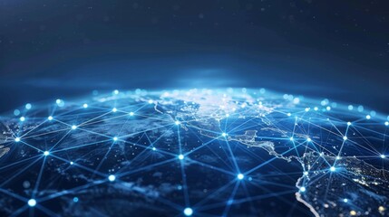 Blue digital network lines connecting various points over a darkened map of the world, symbolizing global connectivity