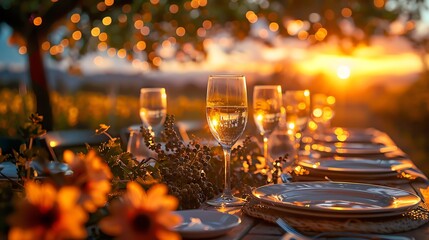 Outdoor vineyard dinner with wine glasses, sunset lighting, elegant and picturesque