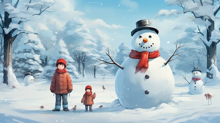 Obraz premium Snowman and friends hosting a lively snowman-building contest, with teams competing to create the most imaginative snow sculptures. Flat color illustration cartoons character, full body, Isolate on