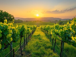 Naklejka premium Vineyard landscape with rows of grapevines, early morning light, serene and picturesque