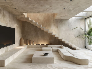 Luxurious Minimalist Living Room with Modern Design, Elegant Staircase, and Natural Light Perfect Blend of Style and Comfort