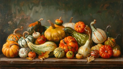 Realistic and warm-toned classical oil painting of assorted gourds on a wooden surface