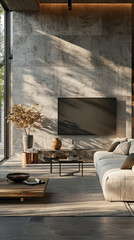Modern Living Room Design Featuring Minimalist Decor, Natural Elements, Large Windows, and Stone Wall Accents for a Sophisticated and Elegant Look