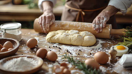 the process of working with dough, cooking at home