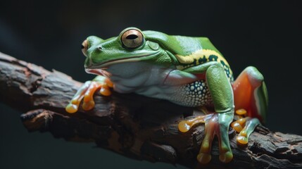 Naklejka premium A close-up of a vibrant green tree frog with orange feet resting on a tree branch, focusing on its details and colors