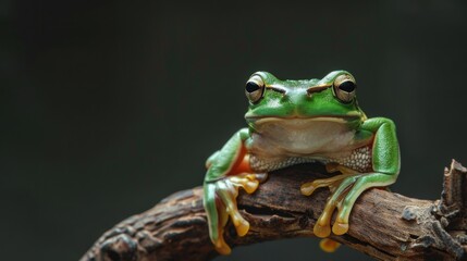 Naklejka premium A striking frontal view of a green tree frog with large eyes and striking color patterns sitting on a branch