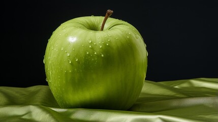 An immaculate green apple on a draped satin fabric, giving a sense of luxury and premium quality produce