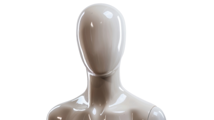 Full-length shot of a blank, glossy, faceless mannequin torso on white background, ideal for fashion, retail, and design purposes.