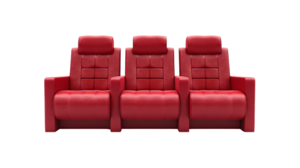 Luxurious red recliner sofa set with three seats for a home theater. Comfortable and stylish seating for any entertainment room.
