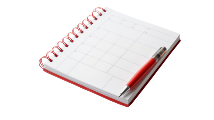 Open spiral notebook with a blank calendar page and a red pen, perfect for planning and organization.