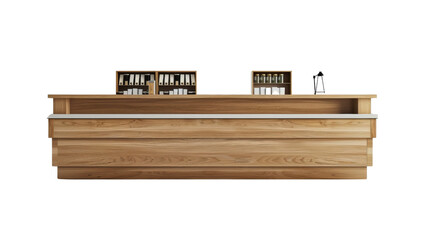 Modern wooden bar counter with shelving in the background. Ideal for cafes, restaurants, or bars with a contemporary design.