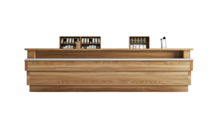 Modern wooden bar counter with shelving in the background. Ideal for cafes, restaurants, or bars with a contemporary design.