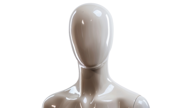 Full-length shot of a blank, glossy, faceless mannequin torso on white background, ideal for fashion, retail, and design purposes.