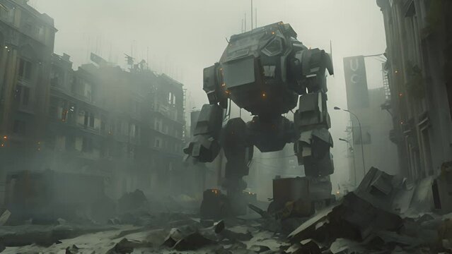 Giant Mech in Post-Apocalyptic Cityscape with Ai generated.
