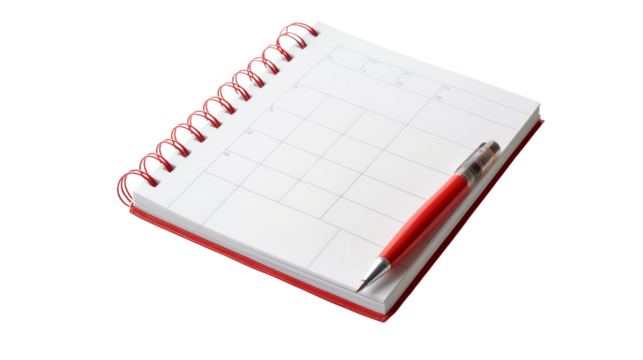Open spiral notebook with a blank calendar page and a red pen, perfect for planning and organization.
