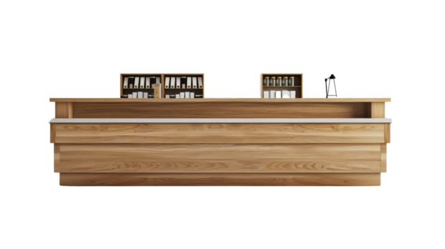 Modern wooden bar counter with shelving in the background. Ideal for cafes, restaurants, or bars with a contemporary design.