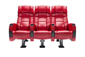 Row of three luxurious red theater seats with drink holders, perfect for cinema or home theater setups. Modern comfortable seating arrangement.