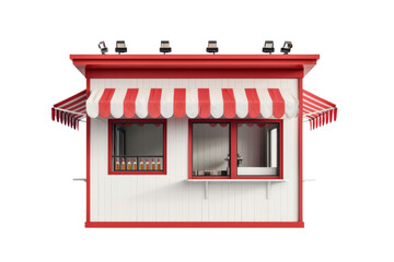 Small food kiosk with a red and white striped awning, ready for business. Fresh and inviting street food stall with open window service.