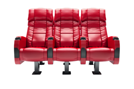 Row of three luxurious red theater seats with drink holders, perfect for cinema or home theater setups. Modern comfortable seating arrangement.