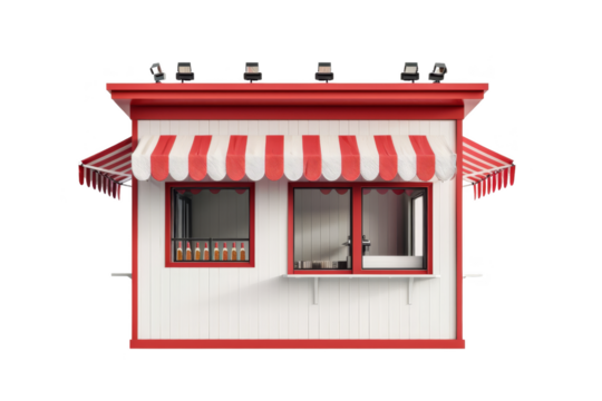 Small food kiosk with a red and white striped awning, ready for business. Fresh and inviting street food stall with open window service.