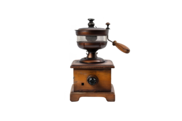 Vintage wooden coffee grinder isolated on white background. Perfect for rustic kitchen decor or as a retro collectible item.