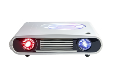 White modern laser radar device with blue and red lights displaying innovative technology for autonomous vehicles.