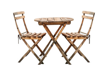 Wooden outdoor furniture set with two folding chairs and a round table, ideal for a cozy garden setup or patio decor.