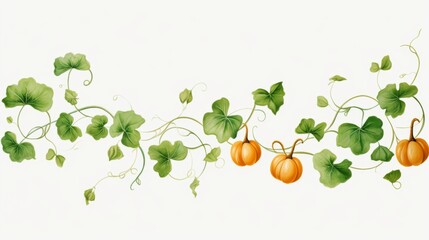 A delicate watercolor illustration showing a winding vine with small pumpkins and leaves