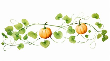A beautiful watercolor artwork featuring orange pumpkins entwined with leaves and vines