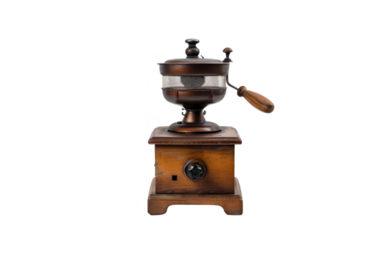 Vintage wooden coffee grinder isolated on white background. Perfect for rustic kitchen decor or as a retro collectible item.