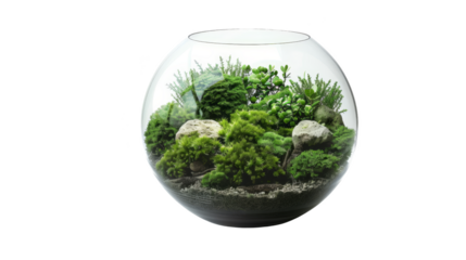 Beautiful closed terrarium with green plants and stones inside a glass bowl, perfect for home decoration or gardening inspiration.